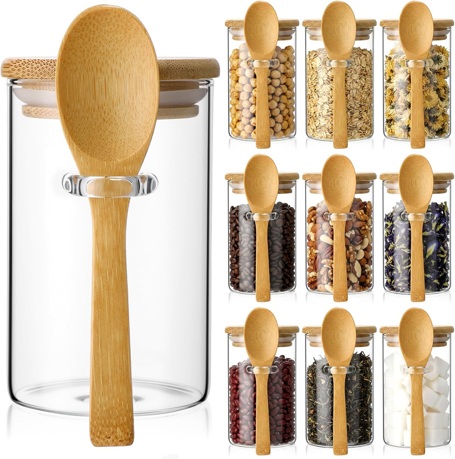 Set Food Storage - 10 Pack Glass Jars with Bamboo